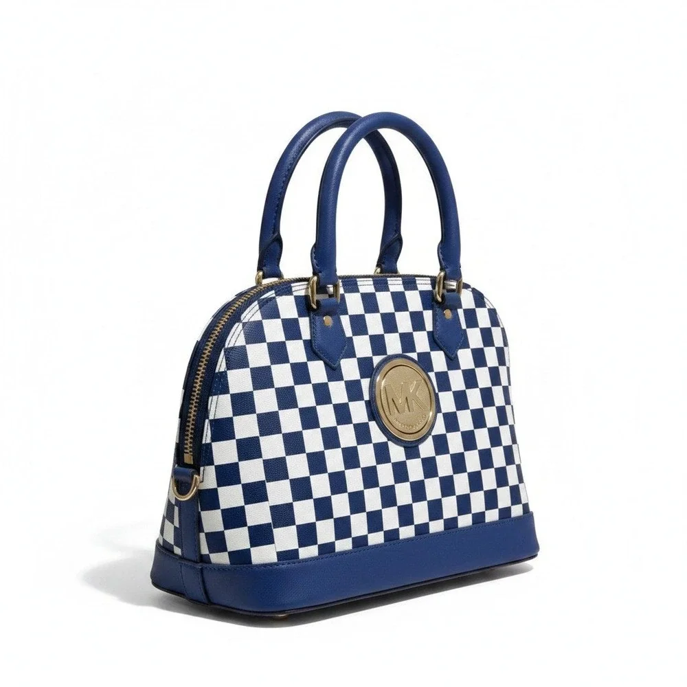 Michael Kors Womens Blue White Checkered Satchel Handbag Purse Vintage Casual